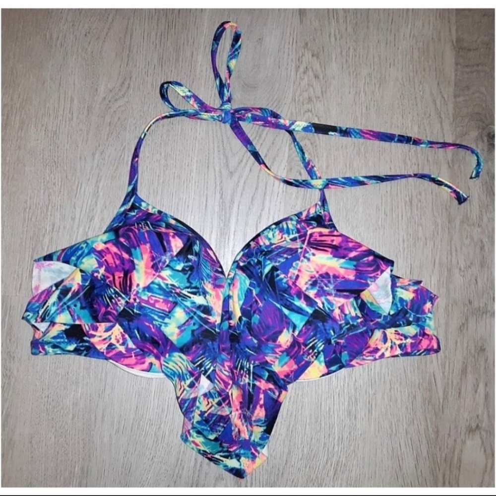 Victoria's Secret PINK Colorful Neon Ruffled Flounce Push Up Bikini Top MEDIUM